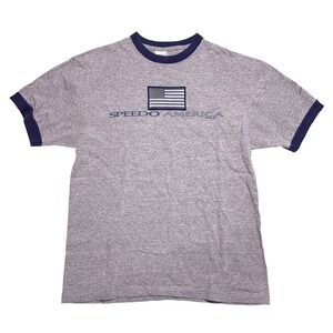 Vintage 90s Speedo Ringer T-Shirt Mens Large Gray American Flag USA Made